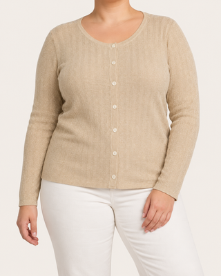 VMCSECRET SHORE LS O-NECK CARDIGAN CUR Oatmeal/W GOLD LU