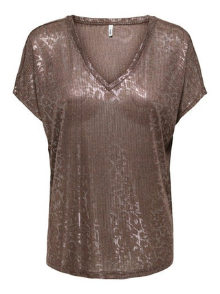 CARMIRINDA S/S V-NECK TOP JRS Coffee Bean/Metallic